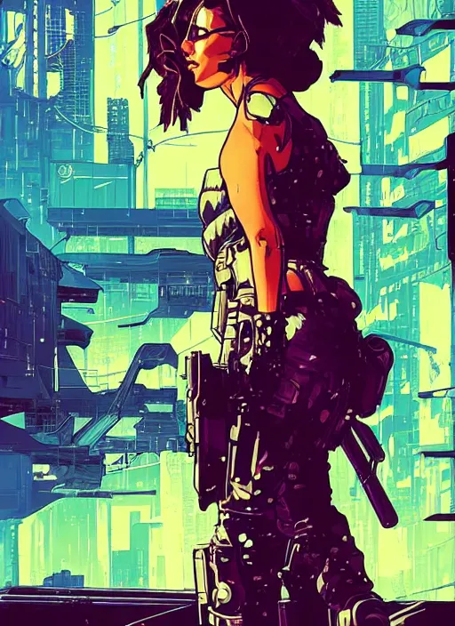 Image similar to sophia. cyberpunk mercenary with scenic background. portrait illustration, pop art, splash painting, art by ashley wood, alphonse mucha, laurie greasley and josan gonzales. cinematic. beautiful lighting.