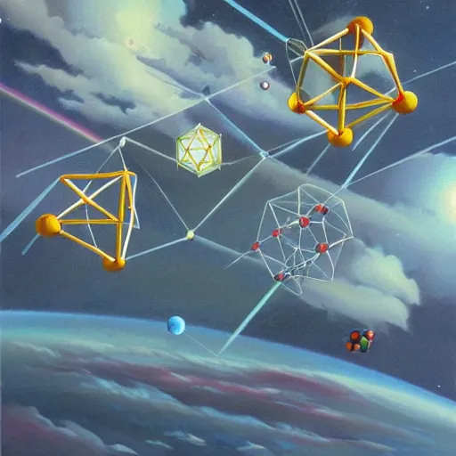 Prompt: a painting by ralph mcquarrie of floating molecules and icosahedron with stars, clouds, and rainbows in the background, trending on artstation, masterpiece, incredible details