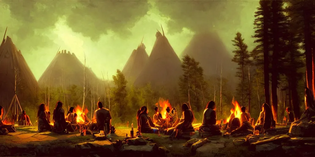 Image similar to a group of some native americans and their cyborgs sitting together at a fire in front of some tipis, beatiful mountain background, cyberpunk, by albert bierstadt, by greg rutkowski, highly detailed, warm lightning, digital painting