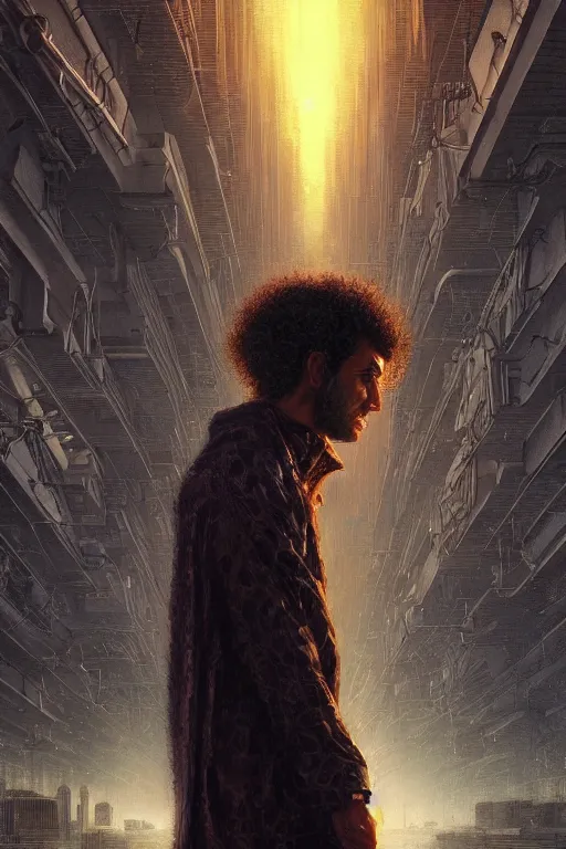 Image similar to a curly - haired persian guy neuromancer by david a hardy, noriyoshi ohrai, gary ruddell, ( greg rutkowski ), salvador dali, moebius, makoto shinkai, highly detailed, cinematic composition, trending on artstation