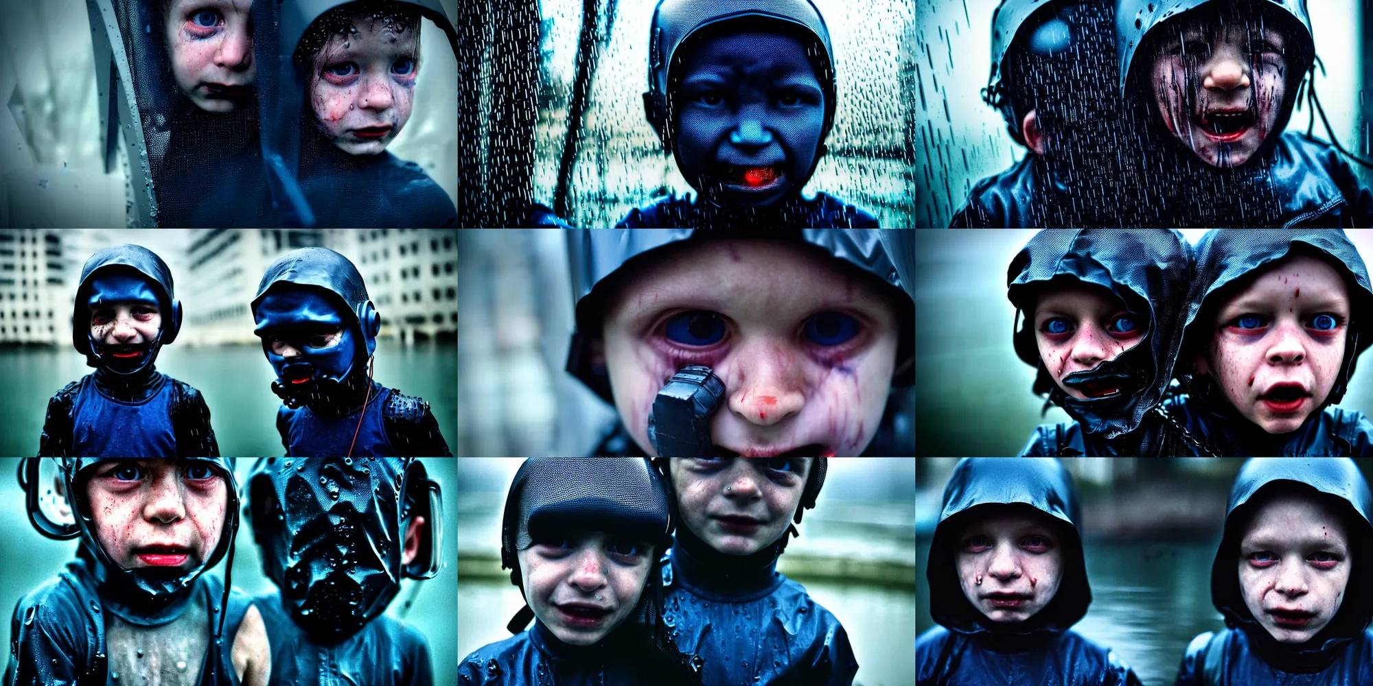 Prompt: cinestill 5 0 d candid photographic portrait by vito acconci of a evil looking child cyborg wearing rugged dark blue mesh techwear in treacherous waters, extreme closeup, modern cyberpunk moody depressing cinematic, pouring rain, the buildings are on fire, 8 k, hd, high resolution, 3 5 mm, f / 3 2, ultra realistic faces, ex machina