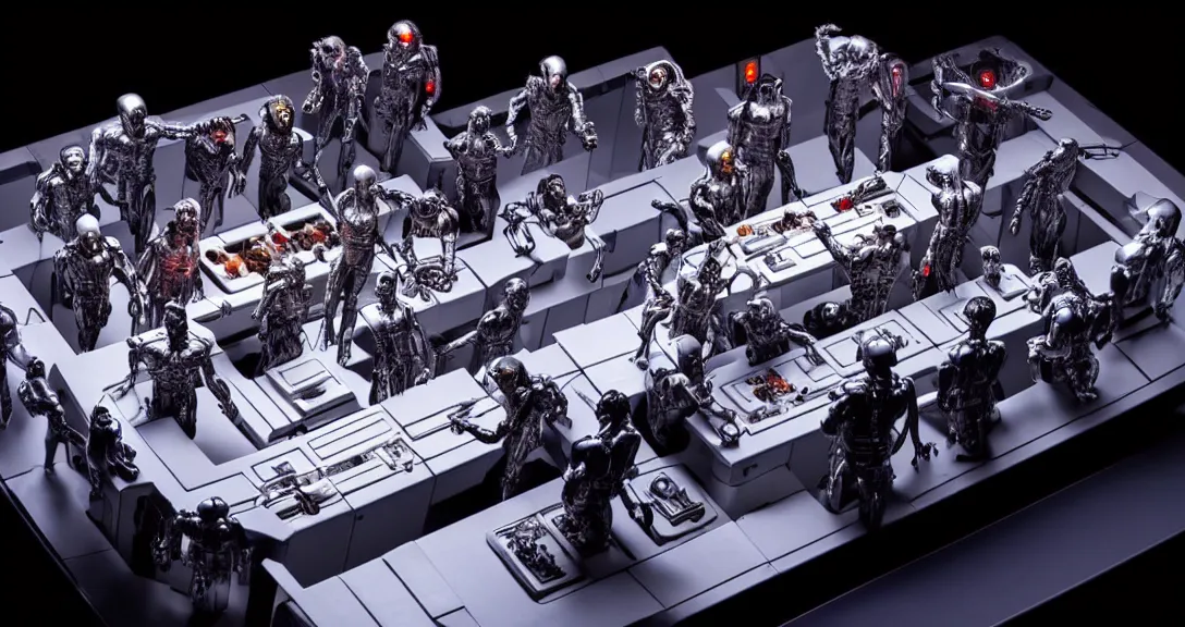 Prompt: war, 13 diverse cyborgs on one_side of a reflective !cybernetic table, posing_as_last_supper, inticrate detailed glowing implants, highly detailed, dramatic lighting, electrical details, high details, beautiful lighting