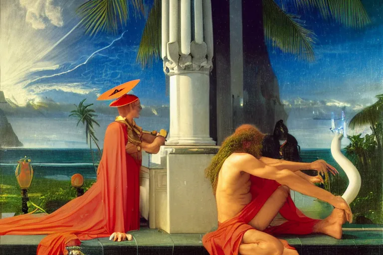 Prompt: The Magician on front of balustrade and palace columns, refracted lightnings on the ocean, thunderstorm, tarot cards characters, beach and Tropical vegetation on the background major arcana sky and occult symbols, by paul delaroche, hyperrealistic 4k uhd, award-winning, very detailed paradise