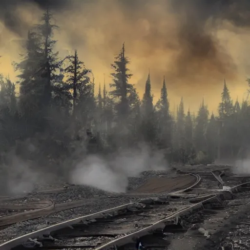 Image similar to trainwreck, devastation on the railroad, atmospheric smoke and fog, fire and flames, post-apocalyptic, Cinematic horror, high detail, 4k