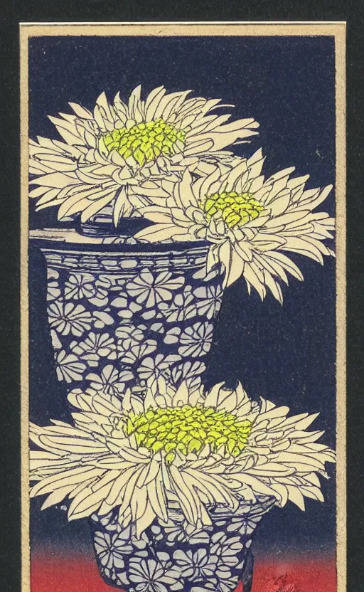 Image similar to by akio watanabe, manga art, chrysanthemum inside sake cup top of japanese table, trading card front