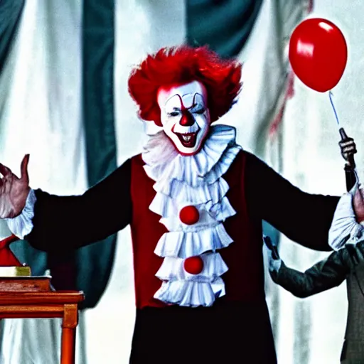 Image similar to Pennywise the clown giving an official speech as president of the USA, 4K realistic