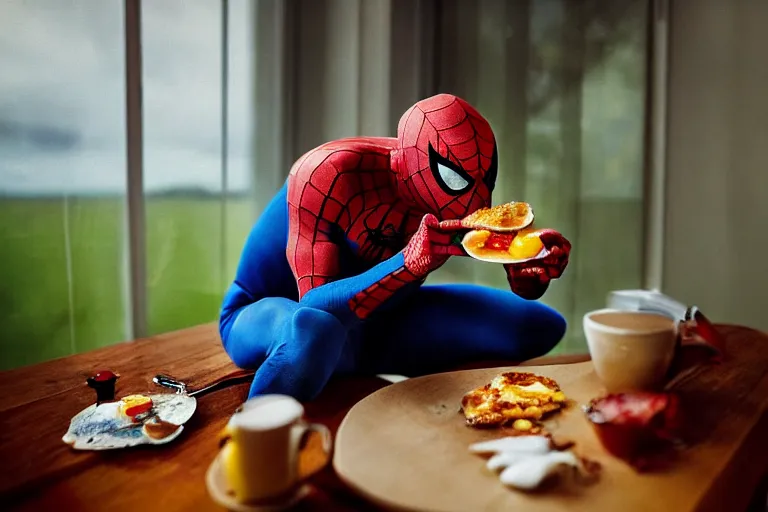 Image similar to painting of a pre - raphaelite spider - man eating fried eggs and bacon, 5 0 mm lens, f 1. 4, sharp focus, ethereal, emotionally evoking, head in focus, volumetric lighting, blur dreamy outdoor,