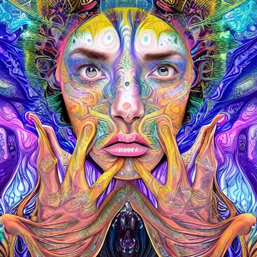 Prompt: a digital painting of a woman's face, digital art by android jones and amanda sage, behance contest winner, psychedelic art, biomorphic, rendering in intricate poster art, tarot card lovecraftian, outlined art amanda sage, alex grey, james jean. most - amanda sage and andriod jones