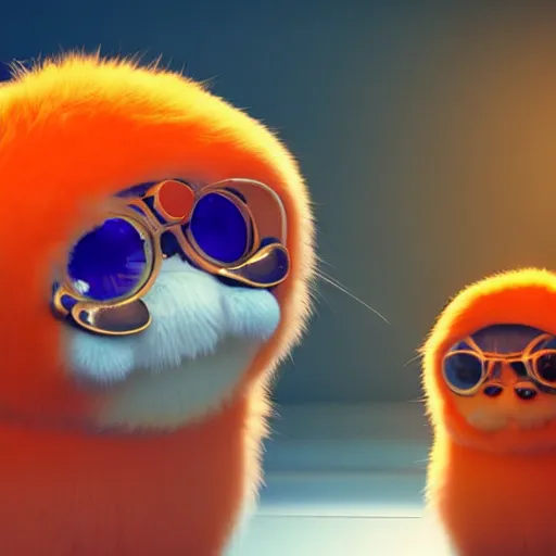Prompt: ultra-realistic ultra-detailed adorable fluffy bioluminiscent creature, orange fur, beautiful light big eyes, big round glasses, blue witch hat, tiny mouth, 😕, clean white background, DOF, soft lighting, octane rendering, unreal engine render, ultra detailed cinematic