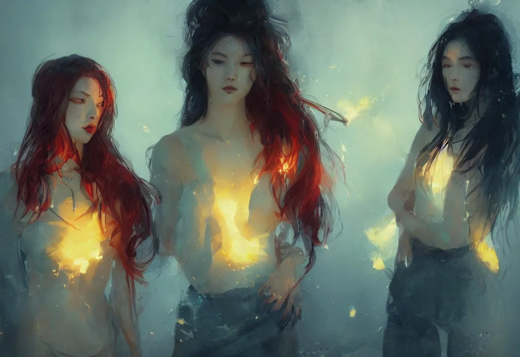 Image similar to full body portrait of a duo of 2 0 years old girl figures, messy hair, oriental tattoos, wearing dark tailored suits, beautiful, dramatic, cinematic lighting, phtalo blue, lemon, fire red, few vivid highlights, by greg rutkowski and jeremy mann and guweiz, oil on canvas, artstation, pixiv