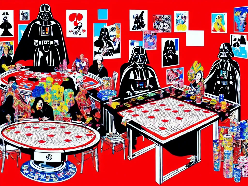 Image similar to hyper - realistic composition of a large room with an extremely detailed poker table in the center, woman in traditional japanese kimono standing nearby, darth vader sitting at the table, fireworks in the background, pop art style, jackie tsai style, andy warhol style, acrylic on canvas, dull palette