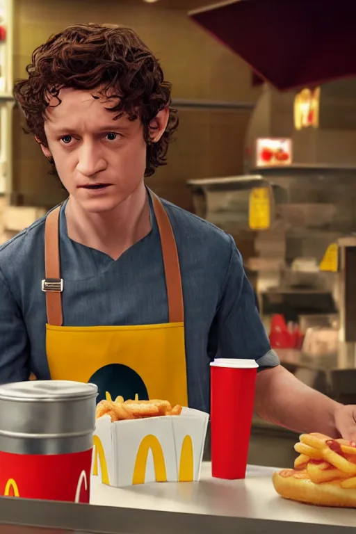 Image similar to film still of frodo working at mcdonalds in the new avengers movie, oil on canvas, intricate, 8 k highly professionally detailed, hdr, cgsociety