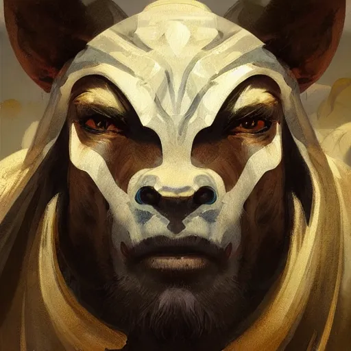 Prompt: ''face portrait of a swaggy bull, furry, greek mythology, greece, fantasy, dungeons and dragons, d & d, digital painting, artstation, concept art, sharp focus, illustration, art by greg rutkowski and alphonse mucha''