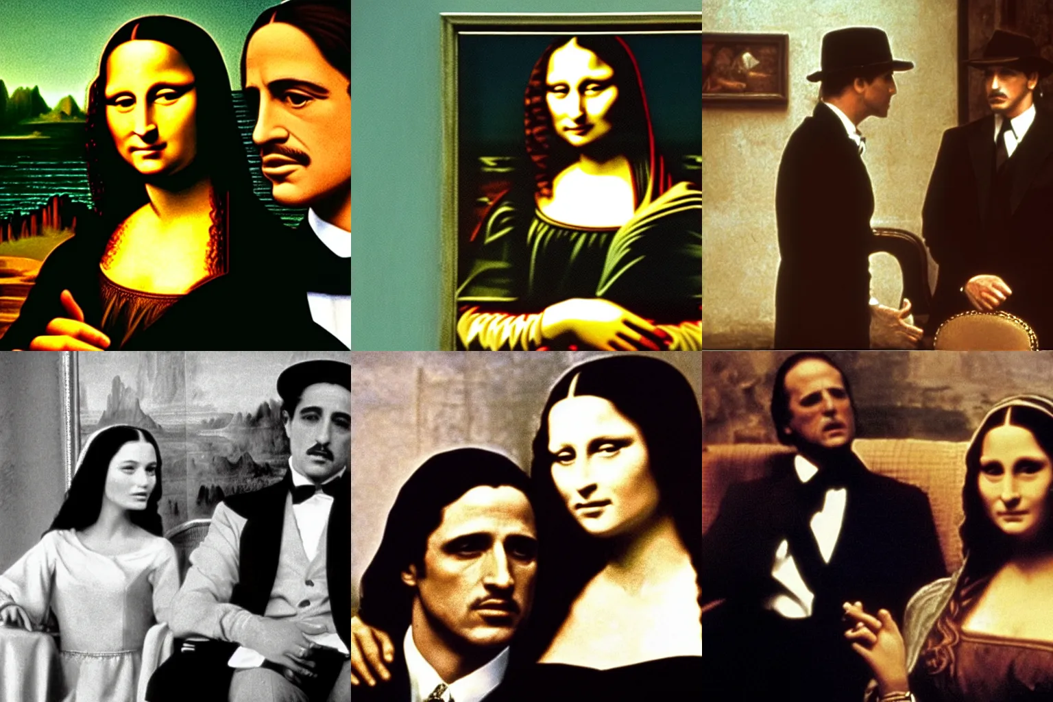 Prompt: a still shot from a scene from the movie the godfather, the movie the godfather with mona lisa the person