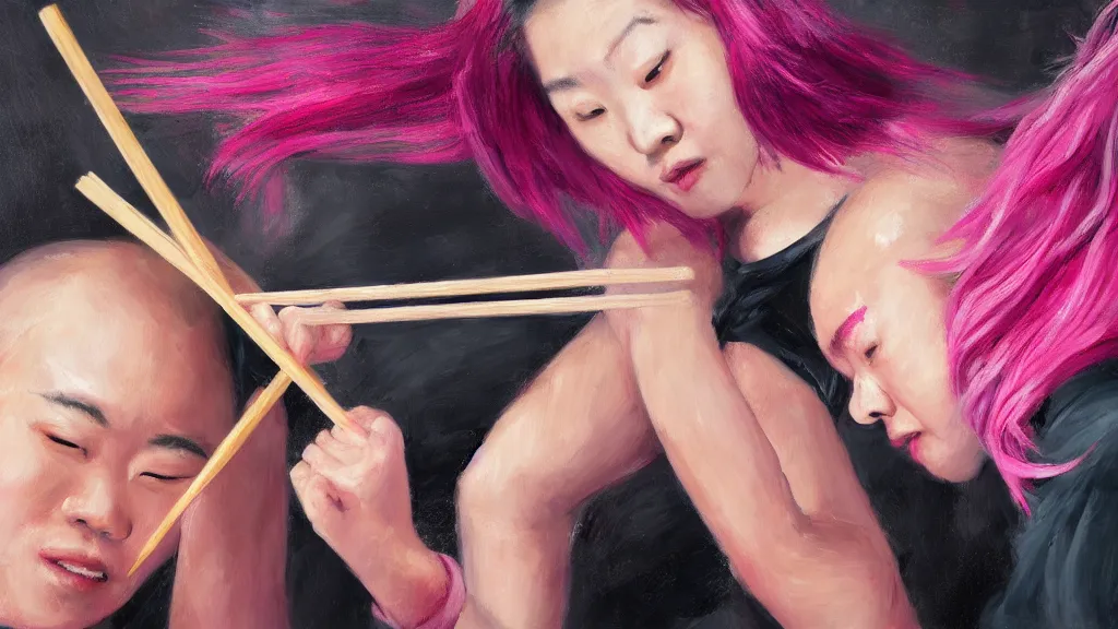 Image similar to asian person with chopsticks fighting a person with pink hair, cinematic, 4 k, oil painting