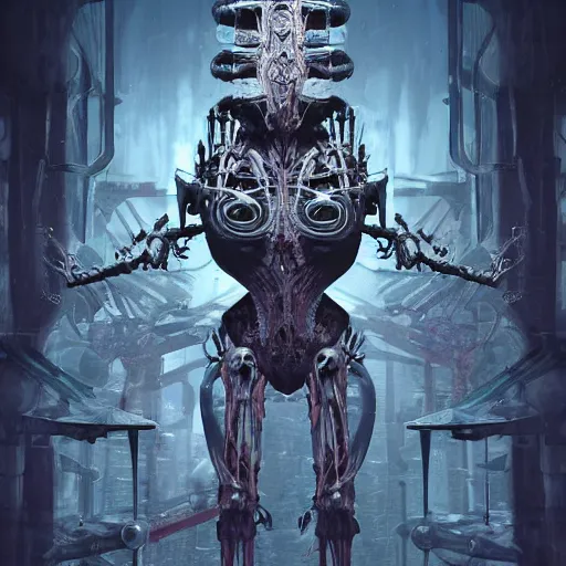 Image similar to highly evolved biomechanical phyrexian dreadnought plus borg queen hybrid being possessed by the machine spirit artists tram pararam and doctor seuss with beryl cook and hr giger neon high contrast cinematic light, mystical shadows, sharp focus, octane render