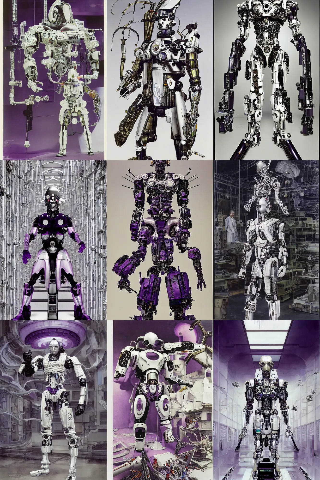 Prompt: cyborg with white purple and black ancestral ornate japanese tactical gear standing in a futuristic factory, long shot, by irving penn and storm thorgerson, ren heng, peter elson, alvar aalto