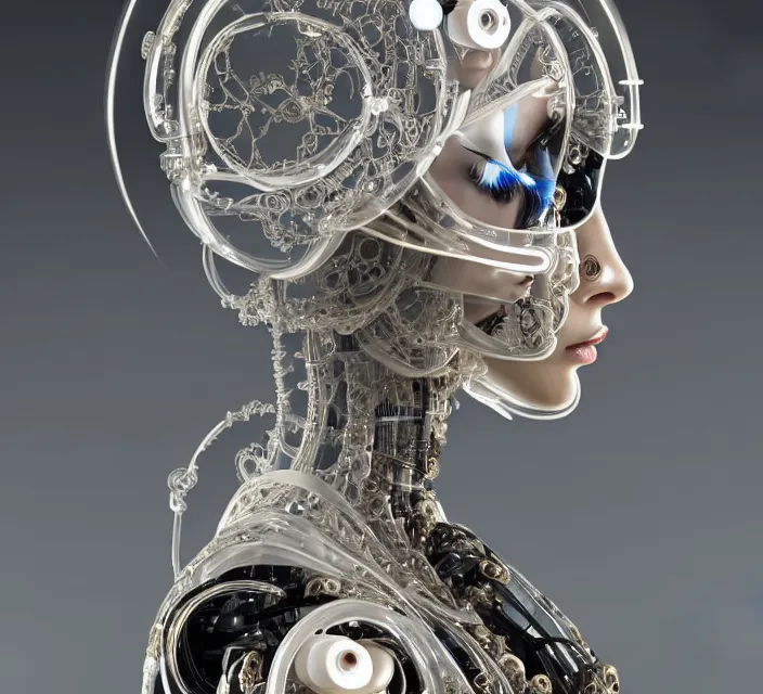 Prompt: beautiful cybernetic baroque robot, beautiful baroque porcelain face + body is clear plastic, inside organic robotic tubes and parts, symmetric, front facing, wearing translucent baroque rain - jacket + symmetrical composition + intricate details, hyperrealism, wet, reflections + by alfonse mucha and moebius, no blur dof bokeh