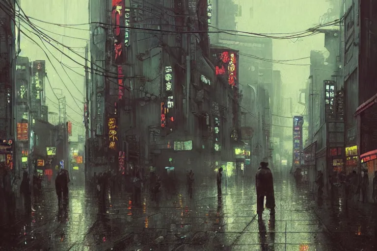 Prompt: a dystopian cyberpunk painting of a rain soaked back street in osaka at dusk, neon lights, dark figures walking, digital art, trending on artstation, horror, dark university aesthetic, by studio ghibli and greg rutkowski. zdzisław beksinski!!!!! spirited away. trending on artstation, hyperrealism, highly detailed, 4 k