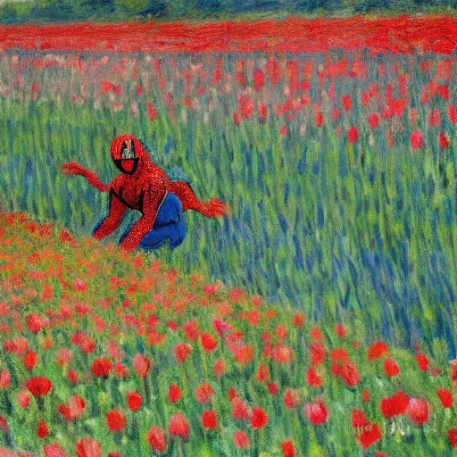 Prompt: Monet painting of Spiderman in a field of roses and tulips, back turned