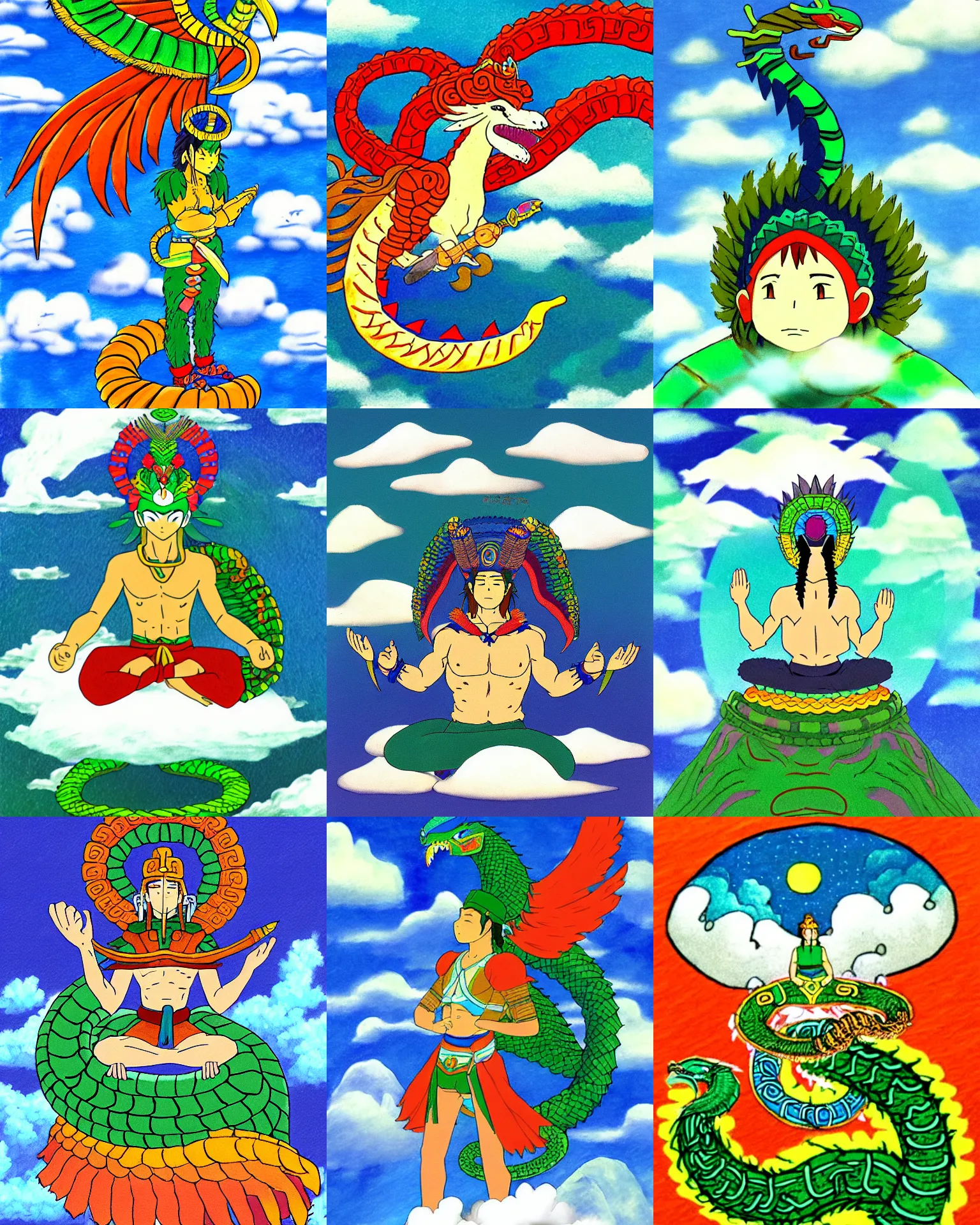 Prompt: warrior of quetzalcoatl meditating in the clouds, in the style of studio ghibli r