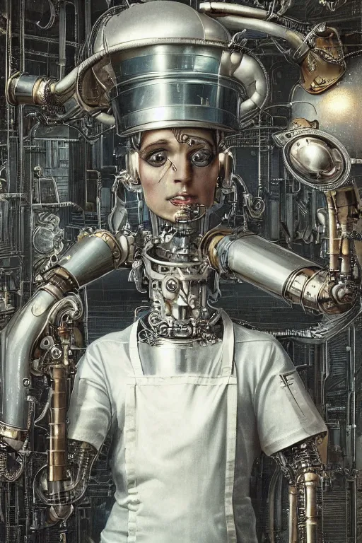 Image similar to a beautiful ultradetailed vintage photo of a futuristic cybernetic cyborg male wearing a tall white chef hat and an apron, by tom bagshaw and anna dittman, portrait, 3 5 mm lens, golden ratio composition, detailed face, studio photography, very detailed, humanoids, industrial robots, artstation, 8 k, highly coherent