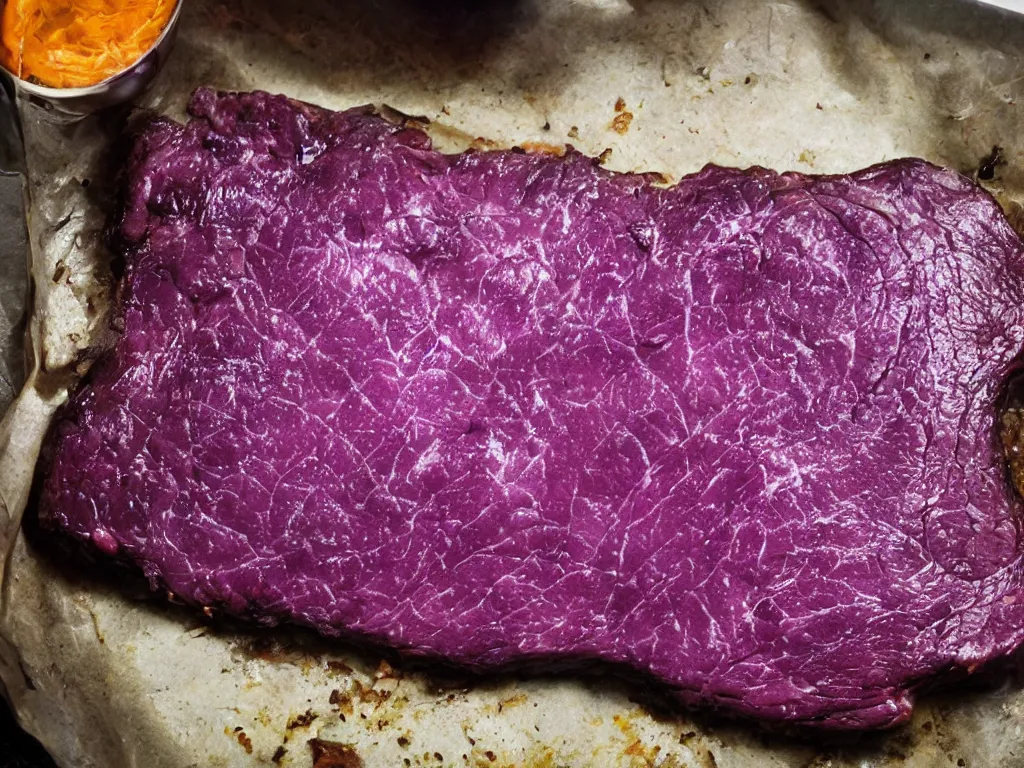 Prompt: shiny purple slab of meat being eaten by flies, nightmare, horror,