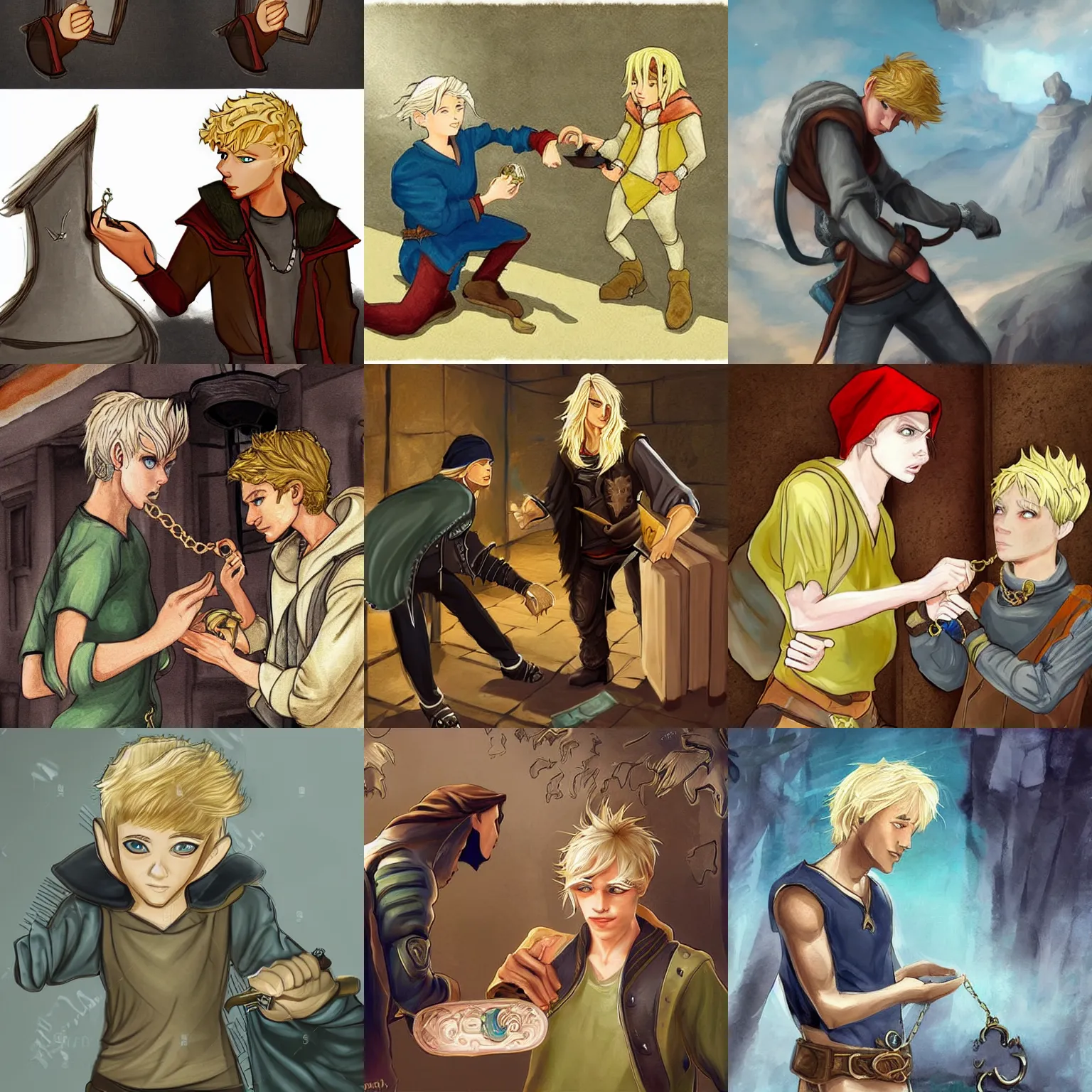 Prompt: A blonde boy thief stealing a pendant, epic fantasy art style