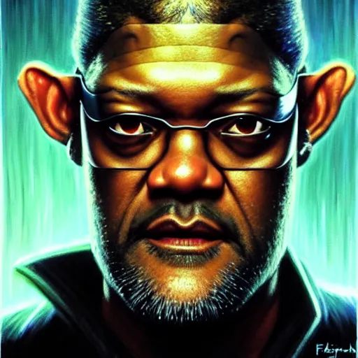 Image similar to portrait painting of a cyberpunk elven corporate boss laurence fishburne, sharp focus, award - winning, trending on artstation, masterpiece, highly detailed, intricate. art by greg staples and elsa beskow and brian froud and jessica rossier