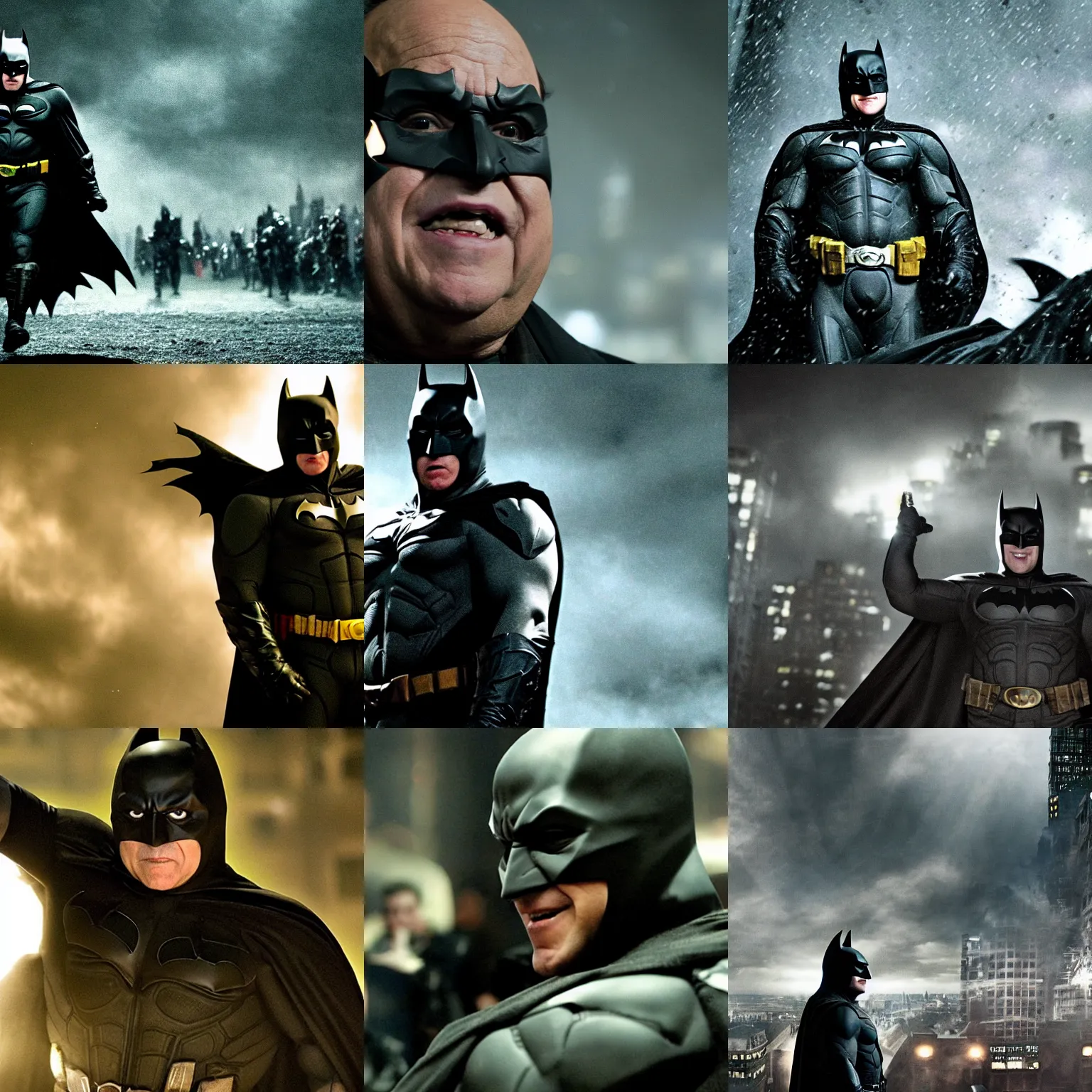 Prompt: danny devito as batman, in the dark knight rises, movie screen, epic cinematic lighting