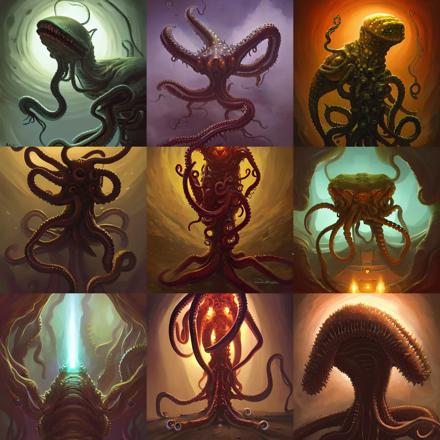 Prompt: portrait of nonhuman extraterrestrial lifeform, three quarter view, tentacles, intelligent, dramatic lighting, painted by andreas rocha