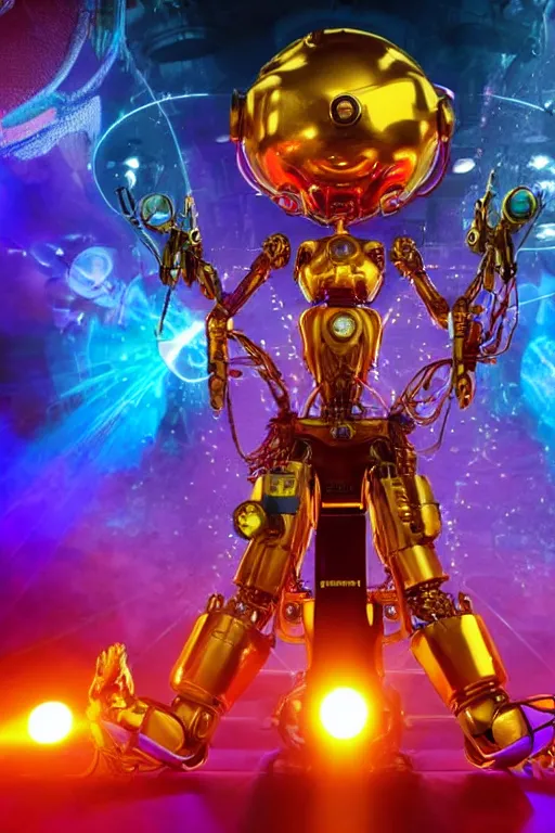 Image similar to portrait photo of a giant huge golden and blue metal humanoid female steampunk robot singer with headphones and gears and tubes, in the foreground is a big red glowing microphone on a tripod, eyes are glowing red lightbulbs, shiny crisp finish, 3 d render, 8 k, insaneley detailed, fluorescent colors, background is multicolored lasershow