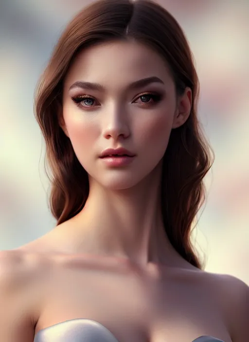 Image similar to a gorgeous female photo, professionally retouched, soft lighting, realistic, smooth face, full body shot, torso, dress, perfect eyes, wide angle, sharp focus on eyes, 8 k high definition, insanely detailed, intricate, elegant, art by artgerm and jason chan and mark litvokin