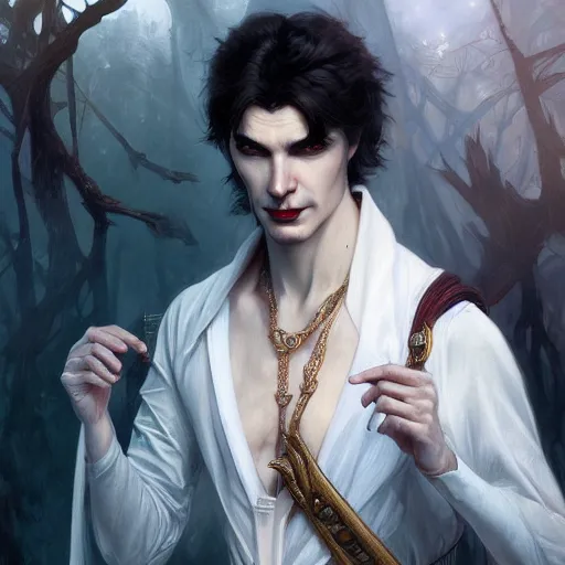 Image similar to portrait of a male vampire, D&D, fantasy, intricate, elegant, highly detailed, digital painting, artstation, smooth, sharp focus, illustration, art by artgerm and greg rutkowski and alphonse mucha