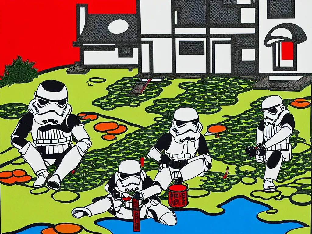 Image similar to detailed close - up image of the japanese home with a garden and a pond, 2 stormtroopers sitting around it, pop - art style, jacky tsai style, andy warhol style, roy lichtenstein style, rich palette, acrylic on canvas