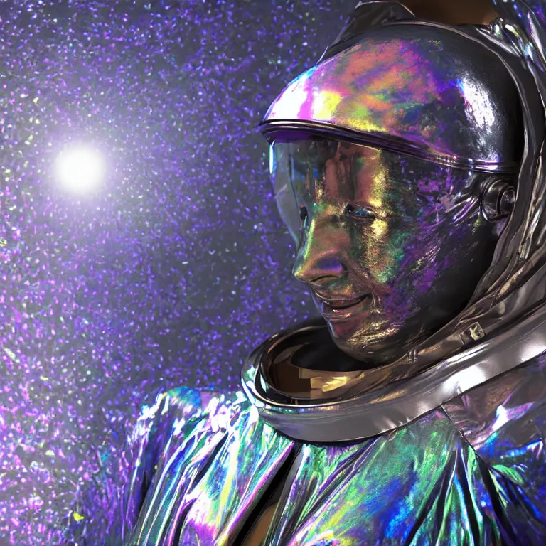 Image similar to octane render portrait by wayne barlow and carlo crivelli and glenn fabry, subject is a woman covered in tie - dye aluminum foil space suit with a iridescent metallic space helmet, inside a dark gothic rococo palace, cinema 4 d, ray traced lighting, very short depth of field, bokeh