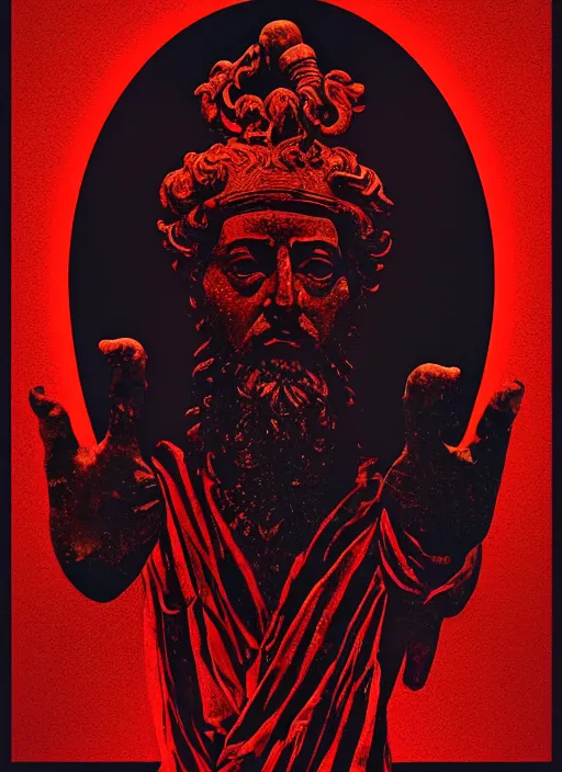 Image similar to design poster showing a statue of marcus aurelius, black background with very subtle red and purple design elements, powerful, nekro, vito acconci, graphic design, collage art, thin lines, dark, glitch art, neo vaporwave, gritty, layout frame, square, trending on artstation