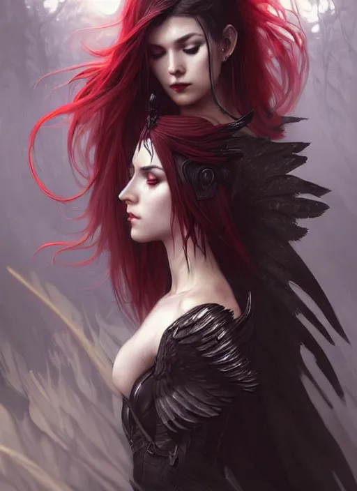 Prompt: a beautiful cinematic sexy female seraphim warrior, black wings slightly burnt, fantasy forest landscape, fantasy magic, undercut hairstyle, short red black fade hair, dark light night, intricate, elegant, sharp focus, illustration, highly detailed, digital painting, concept art, matte, art by WLOP and Artgerm and Greg Rutkowski and Alphonse Mucha, masterpiece