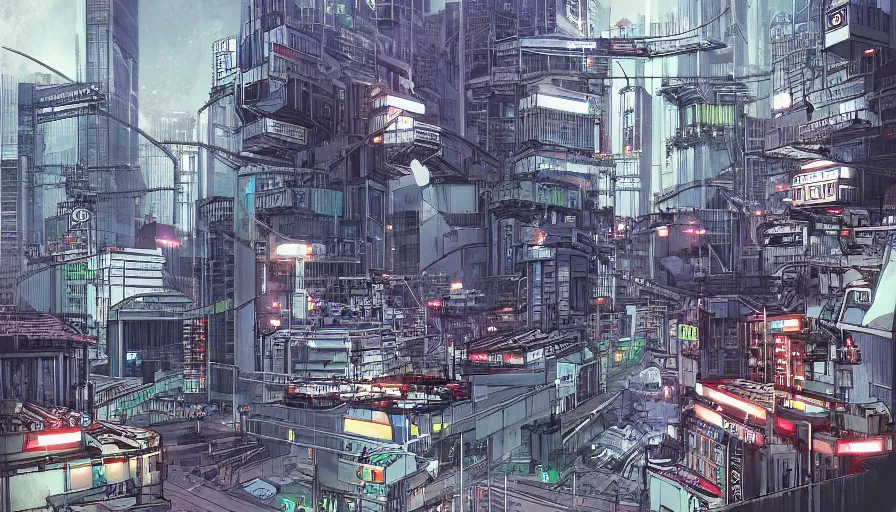 Prompt: Concept Art Illustration of neo-Tokyo Maximum Security Bank, in the Style of Akira, Syndicate Corporation, Anime, Dystopian, Highly Detailed, Helipad, Special Forces Security, Blockchain Vault, Searchlights, Shipping Docks, Shipping Containers of Money :2 by Katsuhiro Otomo : 8