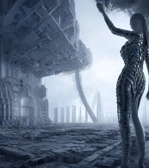 Prompt: tarkovsky greatest scene, the ancient destroyed majestic tower of babylon, woman in futuristic cyber clothing, transparent puffer jacket, hyper realistic, blockchain, cyber world, ambient lighting, concept art, intricate, hyper detailed, smooth, dynamic volumetric lighting, octane, ray trace, cinematic, high quality, high resolution, 4 k, cgsociety