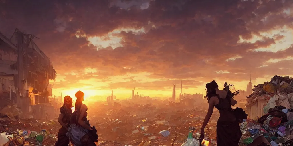 Image similar to broken window in foreground!! garbage dump, city is pure wasteland, sunset in background, detailed characters, alphonse mucha, greg rutkowski, trending on artstation, artgerm, breathtaking, sharp focus, smooth, mark arian, award winning, highly detailed 4 k art