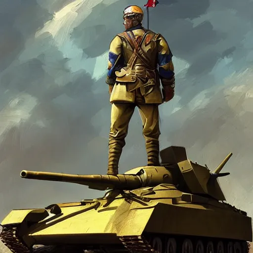 Image similar to a full body shot from distance from behind of a great soldier with a yellow and blue flag standing on a Russian tank in triumph after battle, western, masculine figure, D&D, fantasy, intricate, elegant, highly detailed, digital painting, artstation, concept art, matte, sharp focus, symmetrical, illustration, art by Artgerm and Greg Rutkowski and Alphonse Mucha