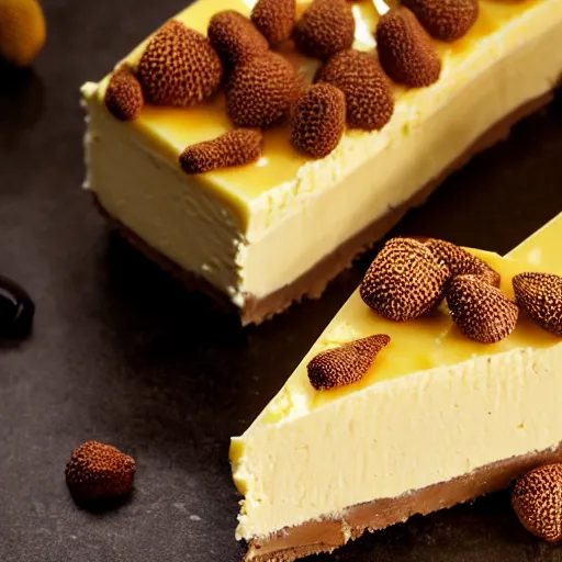 Prompt: close view of a delicious sweet and perfect durian cheesecake piece, award winning, 4 k, beautiful