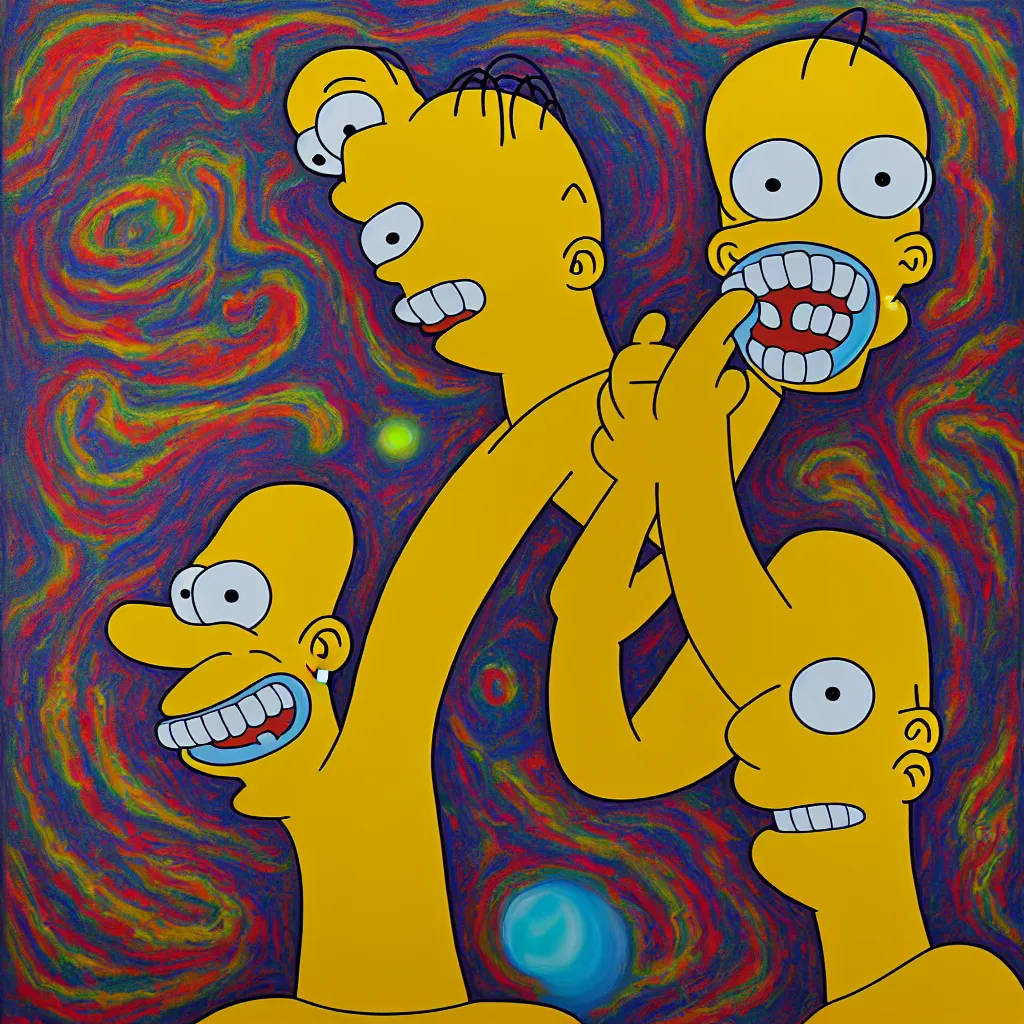 Image similar to an oil on canvas portrait painting of a homer simpson acid trip, polycount, surrealism, surrealist, lovecraftian, cosmic horror, high detail