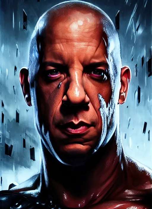 Image similar to vin diesel as victor stone, full body concept, cyborg, borg, strogg, face of a man, terminator, flesh, quake strogg, doom demon, wolfenstein, monstrous, powerful, symmetry, symmetrical, concept art by ruan jia and greg rutkowski