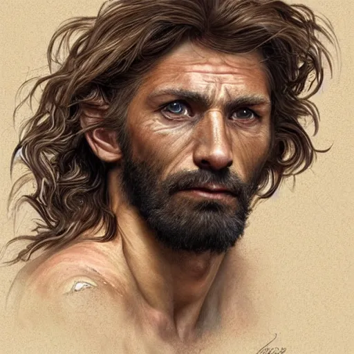 Image similar to portrait of a rugged greek god with the head of a wirehaired dachshung, salt and pepper hair, soft hair, d & d, muscular, fantasy, intricate, elegant, highly detailed, digital painting, artstation, concept art, smooth, sharp focus, illustration, art by artgerm and greg rutkowski and alphonse mucha