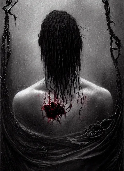 Image similar to highly detailed oil painting | very intricate | cinematic lighting | black, white and blood color scheme, dark background | portrait of a exquisite beautiful vampire man with long elegant tangles of black hair, eyes, gothic fog ambience, hyper realistic head, fantasy victorian art, in the style of greg rutkowski, zdizslaw beksinski, intricate, alphonse mucha