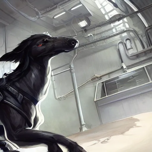 Image similar to splash art of a black - coated anthropomorphic horse supersoldier with gargantuan muscles in a research facility wearing a combat kevlar outfit, long white mane, highly detailed, furry, furaffinity, digital painting, artstation, smooth, sharp focus, illustration, art by artgerm, greg rutkowski, alphonse mucha, wlop