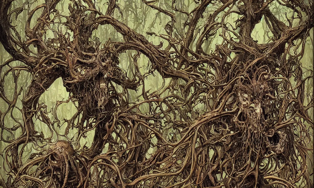 Image similar to hyperdetailed art nouveau portrait of treebeard as a cthulhu eyeball skull wendigo cryptid monster, by geof darrow, simon bisley and bill sienkiewicz, grim yet sparkling atmosphere, photorealism, claws, skeleton, antlers, fangs, forest, wild, crazy, horror, lynn varley, lovern kindzierski, steve oliff