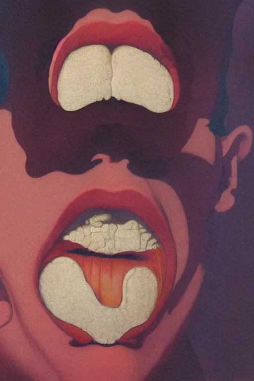Image similar to a closeup portrait of a young italian man licking a blotter paper of LSD acid on his tongue and dreaming psychedelic hallucinations, by kawase hasui, moebius, Edward Hopper and James Gilleard, Zdzislaw Beksinski, Steven Outram colorful flat surreal design, hd, 8k, artstation
